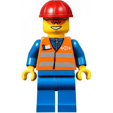 orange vest with safety stripes - blue legs red construction helmet orange sunglasses