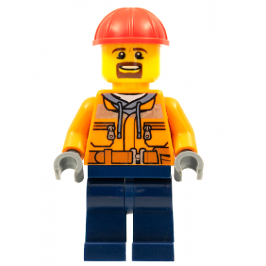 forklift driver - male orange safety jacket reflective stripe sand blue hoodie dark blue legs red construction helmet goatee
