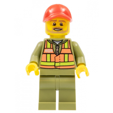 train driver - orange safety vest with lime straps olive green legs red cap with hole beard dark tan angular