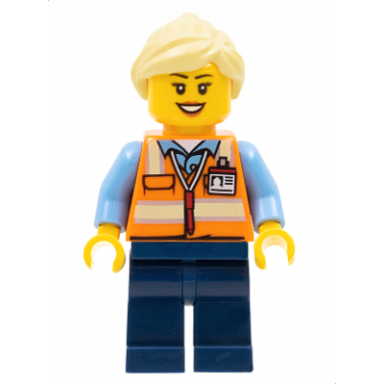 train worker - female orange safety vest with badge dark blue legs bright light yellow ponytail and swept sideways fringe