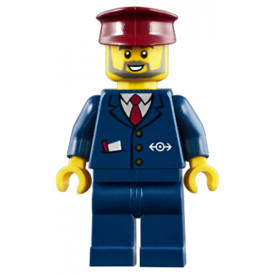 dark blue suit with train logo dark blue legs dark red hat gray beard