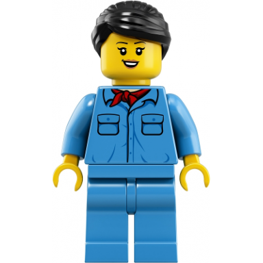 train worker - female black hair medium blue shirt with red bandana medium blue legs