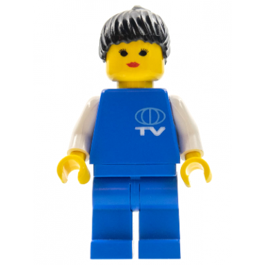 tv logo small pattern blue legs black ponytail hair