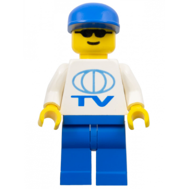 tv logo large pattern blue legs blue cap sunglasses