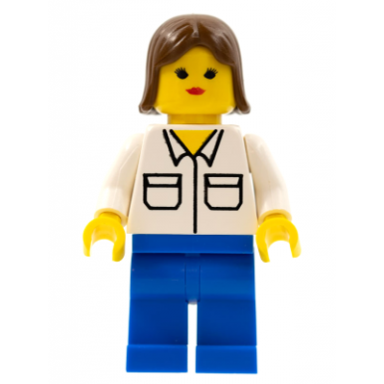 shirt with 2 pockets blue legs brown female hair