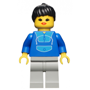 jogging suit light gray legs black ponytail hair open mouth