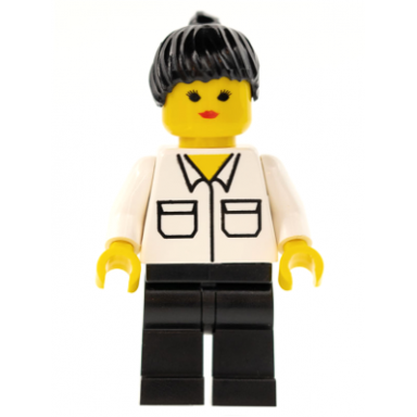 shirt with 2 pockets black legs black ponytail hair