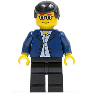 dark blue jacket light blue shirt black legs square glasses black male hair