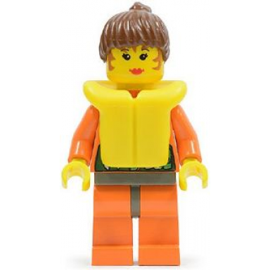 orange rock raiders shirt brown ponytail hair life jacket