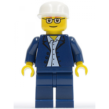 dark blue jacket light blue shirt dark blue legs square glasses white cap