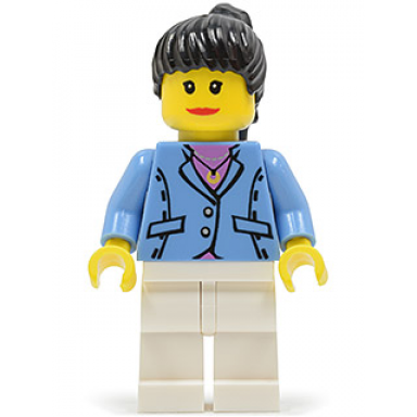 medium blue jacket white legs black ponytail hair