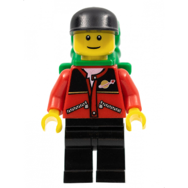 red jacket with zipper pockets and classic space logo black legs black cap green backpack with sleeping bag