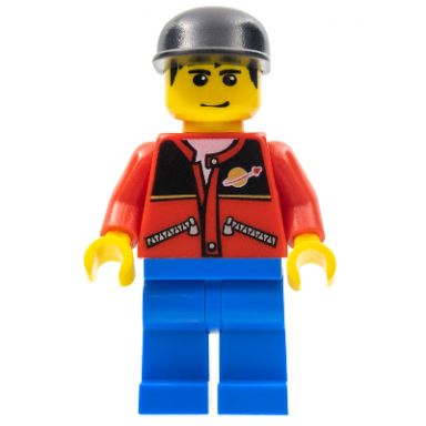 red jacket with zipper pockets and classic space logo blue legs black cap