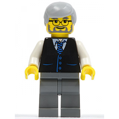 black vest with blue striped tie dark bluish gray legs white arms light bluish gray male hair glasses