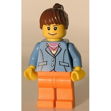 medium blue jacket orange legs reddish brown ponytail hair