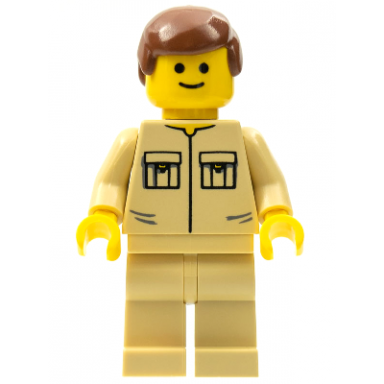 shirt with 2 pockets no collar tan legs reddish brown male hair
