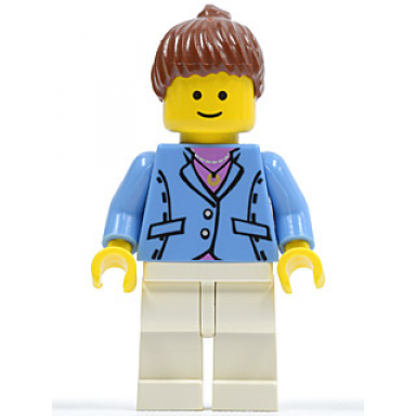 medium blue jacket white legs reddish brown ponytail hair