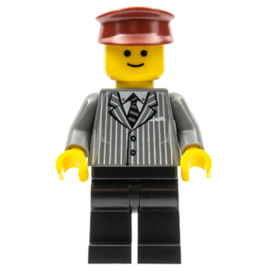 pinstripe suit jacket black legs dark red hat standard grin