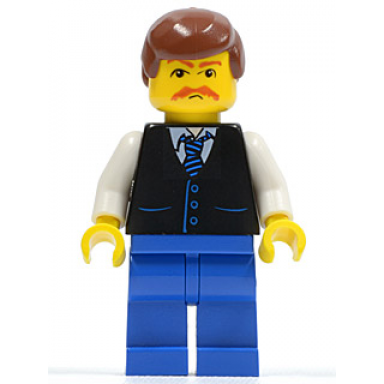 black vest with blue striped tie blue legs white arms reddish brown male hair moustache