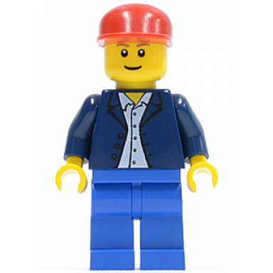 dark blue jacket light blue shirt blue legs red cap