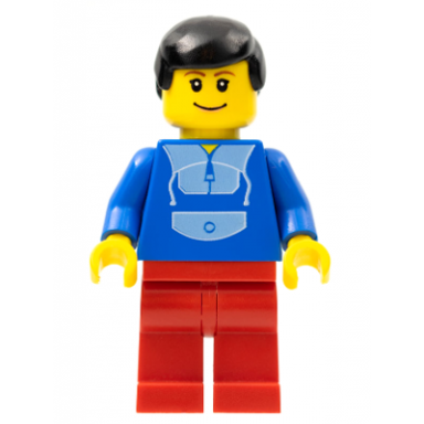 jogging suit red legs black male hair wide smile and eyebrows