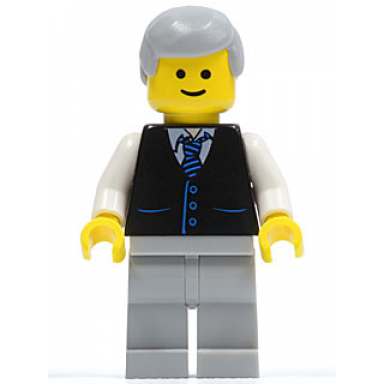 black vest with blue striped tie light bluish gray legs white arms light bluish gray male hair smile