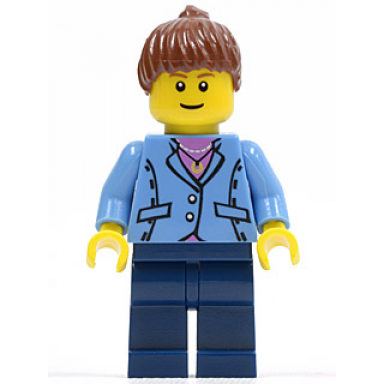 medium blue jacket dark blue legs reddish brown ponytail hair