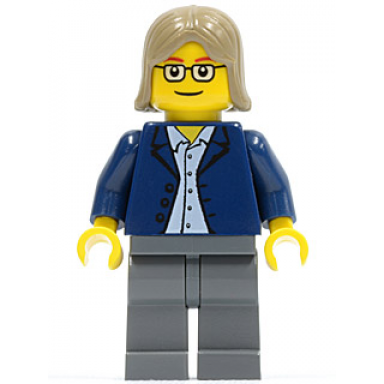 dark blue jacket light blue shirt dark bluish gray legs square glasses dark tan female hair