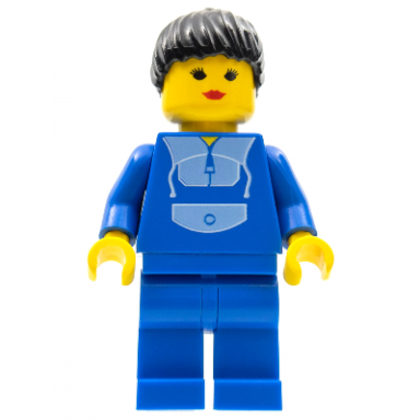 jogging suit blue legs black ponytail hair