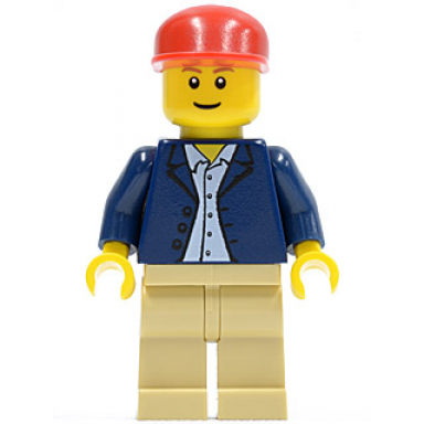 dark blue jacket light blue shirt tan legs red long bill cap