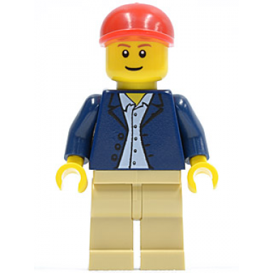 dark blue jacket light blue shirt tan legs red short bill cap