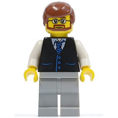 black vest with blue striped tie light bluish gray legs white arms reddish brown male hair beard and glasses