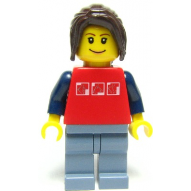 red shirt with 3 silver logos dark blue arms sand blue legs dark brown hair ponytail long with side bangs