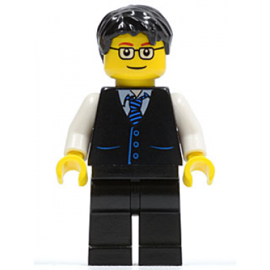 black vest with blue striped tie black legs white arms black short tousled hair glasses
