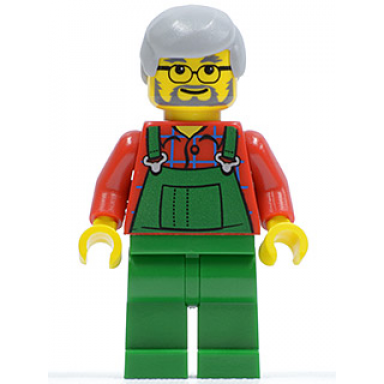 overalls farmer green light bluish gray hair glasses