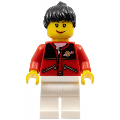red jacket with zipper pockets and classic space logo white legs black female ponytail hair brown eyebrows