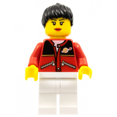 red jacket with zipper pockets and classic space logo white legs black female ponytail hair black eyebrows