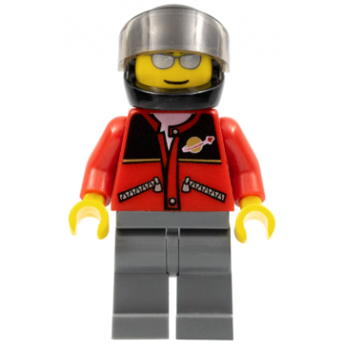 red jacket with zipper pockets and classic space logo dark bluish gray legs black helmet silver sunglasses