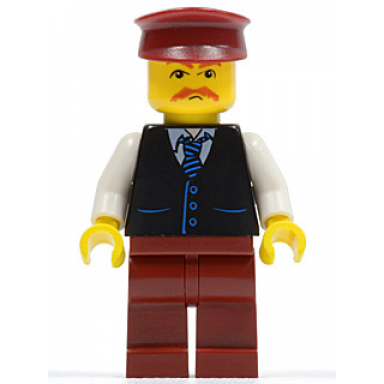 black vest with blue striped tie dark red legs white arms dark red hat moustache
