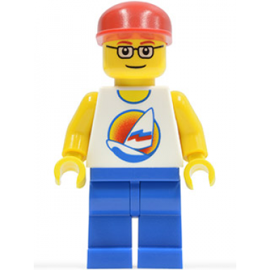 surfboard on ocean - blue legs red cap red eyebrows glasses
