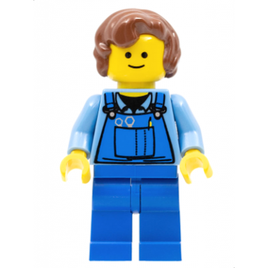 overalls with tools in pocket blue reddish brown hair female short curled ends