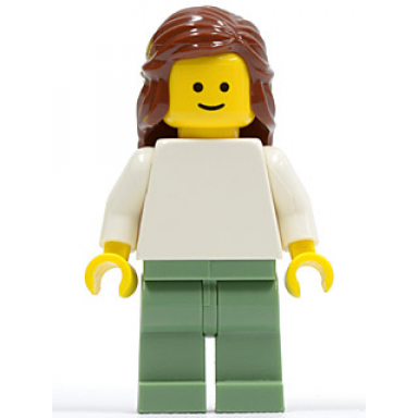 plain white torso with white arms sand green legs reddish brown female hair mid-length