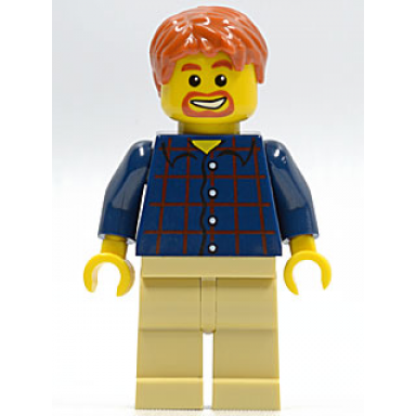 plaid button shirt tan legs dark orange short tousled hair dark orange goatee and eyebrows