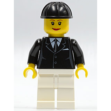 horse rider female black suit with tie white legs black construction helmet