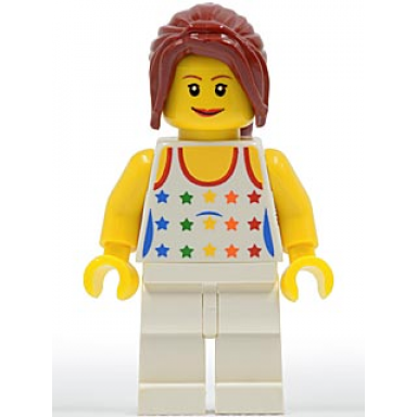 shirt with female rainbow stars pattern white legs dark red hair ponytail long with side bangs