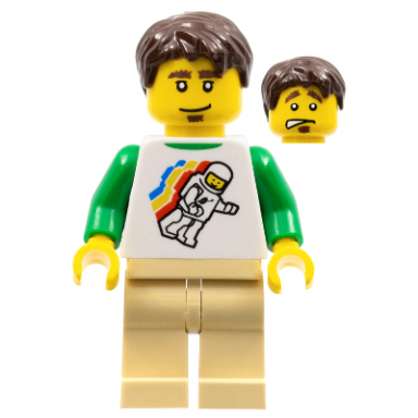 classic space minifigure floating pattern tan legs dark brown short tousled hair