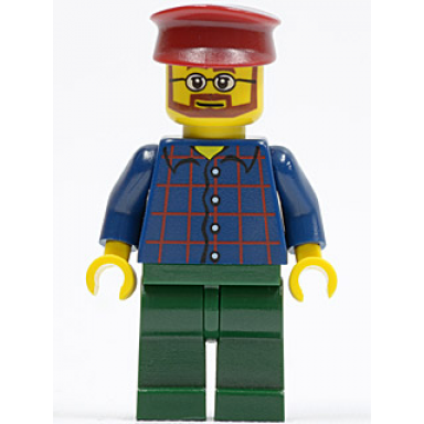 plaid button shirt dark green legs dark red hat glasses reddish brown beard carousel operator