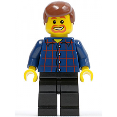 plaid button shirt black legs reddish brown male hair dark orange goatee and eyebrows