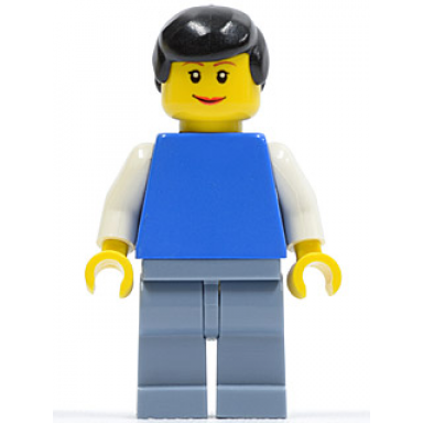 plain blue torso with white arms sand blue legs black male hair lipstick