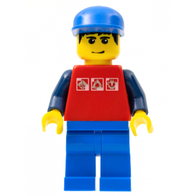red shirt with 3 silver logos dark blue arms blue legs blue cap